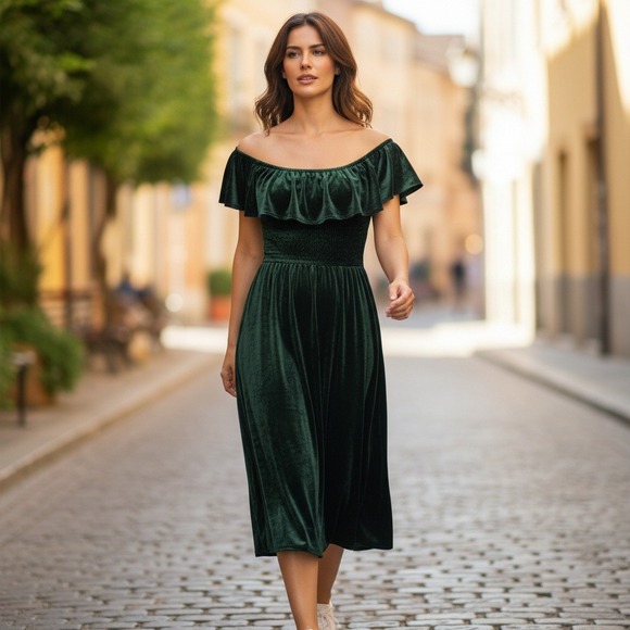 Hill House Home Dresses & Skirts - Hill House Home Dress Womens XS Green‎ The Nap Dress Velvet Ruffle Smocked Midi